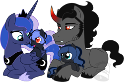 Size: 900x594 | Tagged: safe, artist:tambelon, character:king sombra, character:princess luna, oc, oc:moon blossom, oc:prince nocturne, parent:king sombra, parent:princess luna, parents:lumbra, species:alicorn, species:pony, species:unicorn, ship:lumbra, colt, female, filly, male, mare, offspring, shipping, simple background, stallion, straight, transparent background, watermark