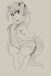 Size: 817x1222 | Tagged: safe, artist:sirmasterdufel, oc, oc only, oc:luscious heart, species:pony, species:unicorn, backless, bipedal, clothing, monochrome, open-back sweater, sleeveless sweater, solo, sweater, tongue out, virgin killer sweater