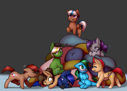Size: 4200x3000 | Tagged: safe, artist:captainpudgemuffin, oc, oc only, oc:avery softequine, oc:latch, oc:neutrino burst, oc:stream, species:hippogriff, species:pegasus, species:pony, species:unicorn, absurd resolution, blushing, commission, cute, female, group, male, mare, ocbetes, pillow, raised hoof, smiling, stallion, ych result