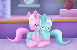 Size: 2569x1654 | Tagged: safe, artist:dusthiel, character:aloe, character:lotus blossom, species:earth pony, species:pony, duo, female, looking at you, mare, prone, smiling, spa, spa twins