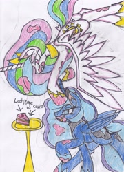Size: 2425x3366 | Tagged: safe, artist:cuddlelamb, character:princess celestia, character:princess luna, species:alicorn, species:pony, cake, duo, ear fluff, epic battle, fight, food, frosting, gritted teeth, majestic as fuck, messy, plate, sibling rivalry, simple background, stain, traditional art, white background