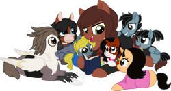 Size: 1024x546 | Tagged: safe, artist:tambelon, oc, oc only, oc:emma, oc:mason, oc:mia, oc:tyler, oc:winnie, oc:zoey, species:classical hippogriff, species:earth pony, species:griffon, species:hinny, species:hippogriff, species:pegasus, species:pony, species:unicorn, book, clothing, colt, crossover, ellie, female, filly, foal, hybrid, male, mare, ponified, roleplay, the last of us, the walking dead, watermark