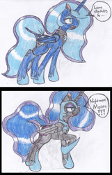 Size: 1549x2400 | Tagged: safe, artist:cuddlelamb, character:nightmare moon, character:princess luna, species:alicorn, species:pony, armor, colored pencil drawing, dialogue, digimon, digivolution, ear fluff, ethereal mane, female, galaxy mane, mare, simple background, speech bubble, traditional art, transformation, white background