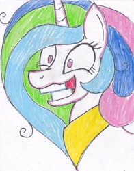 Size: 2417x3079 | Tagged: safe, artist:cuddlelamb, character:princess celestia, species:alicorn, species:pony, bust, female, grin, high res, insanity, messy mane, portrait, simple background, smiling, snaplestia, solo, stressed, traditional art, white background, wide eyes