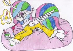 Size: 3027x2117 | Tagged: safe, artist:cuddlelamb, character:princess celestia, species:alicorn, species:pony, bathrobe, bed, bell, candle, clothing, female, floppy ears, food, high res, ice cream, lazy, magic, prone, robe, sick, simple background, solo, spots, telekinesis, thermometer, traditional art, uselesstia, white background