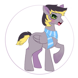 Size: 1833x1836 | Tagged: safe, artist:drawponies, oc, oc only, oc:aero, parent:derpy hooves, parent:oc:warden, parents:canon x oc, parents:warderp, species:pegasus, species:pony, blank flank, clothing, colt, male, offspring, raised hoof, scarf, simple background, solo, white background