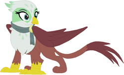 Size: 666x404 | Tagged: safe, artist:ra1nb0wk1tty, character:greta, species:griffon, clothing, female, looking back, scarf, simple background, solo, white background