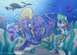 Size: 1024x724 | Tagged: safe, artist:inuhoshi-to-darkpen, character:steven magnet, oc, species:sea serpent, fangs, fish, group, merpony, one eye closed, open mouth, sand, seaweed, signature, swimming, underwater, water, whale, wink