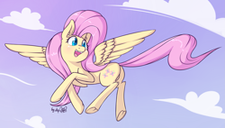 Size: 3595x2035 | Tagged: safe, artist:dsp2003, character:fluttershy, species:pegasus, species:pony, cloud, cute, featureless crotch, female, flying, frog (hoof), heart eyes, open mouth, shyabetes, solo, underhoof, wingding eyes