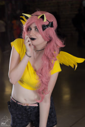 Size: 3456x5184 | Tagged: safe, artist:krazykari, character:fluttershy, species:human, absurd resolution, belly button, clothing, cosplay, costume, emoshy, goth, irl, irl human, midriff, photo, short shirt, solo