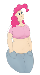 Size: 1351x2500 | Tagged: safe, artist:lupin quill, character:pinkie pie, species:human, belly button, chubby, clothing, curvy, female, humanized, jeans, midriff, pants, plump, short shirt, simple background, solo