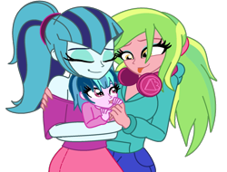 Size: 1733x1315 | Tagged: safe, artist:cbear624, character:lemon zest, character:sonata dusk, oc, oc:melody zest, parent:lemon zest, parent:sonata dusk, parents:lemonata, my little pony:equestria girls, alternate hairstyle, baby, female, lemonata, lesbian, magical lesbian spawn, offspring, shipping, simple background, tongue out, transparent background