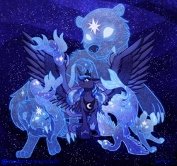 Size: 1024x962 | Tagged: safe, artist:inuhoshi-to-darkpen, character:princess luna, species:alicorn, species:goat, species:pony, animal, big cat, big wings, capricorn, constellation, crown, cygnus, ethereal mane, female, fish, galaxy mane, group, incorporeal, jewelry, leo, lion, mare, night, patreon, patreon logo, pisces, regalia, smiling, spread wings, starry backdrop, stars, unshorn fetlocks, ursa minor, wing claws, wings