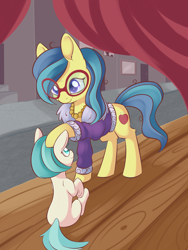 Size: 1344x1789 | Tagged: safe, artist:dusthiel, character:charity kindheart, character:coco pommel, species:earth pony, species:pony, episode:made in manehattan, g4, my little pony: friendship is magic, charity kindheart, clothing, curtain, female, filly, glasses, mare, younger