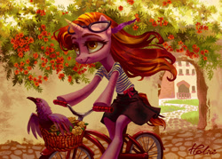 Size: 1647x1181 | Tagged: safe, artist:holivi, oc, oc only, species:bird, species:pony, species:unicorn, basket, beautiful, bicycle, bipedal, clothing, commission, cute, disney, feather, female, flower, glasses, mulan 2, riding, scenery, semi-anthro, signature, skirt, solo, underhoof, windswept mane