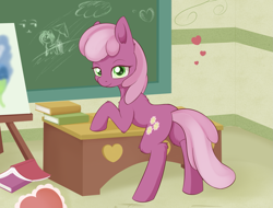 Size: 1727x1312 | Tagged: safe, artist:dusthiel, character:cheerilee, species:pony, book, chalkboard, female, fluffy, heart, looking at you, solo, table