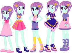 Size: 767x565 | Tagged: safe, artist:ra1nb0wk1tty, character:sunny flare, my little pony:equestria girls, alternate costumes, boots, bracelet, camp everfree outfits, clothing, cloud, crossed arms, dress, hand on hip, hands behind back, high heels, jewelry, pajamas, party dress, raincloud, shoes, shorts, slippers, socks, sun