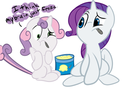 Size: 2338x1700 | Tagged: safe, artist:tess, character:rarity, character:sweetie belle, species:pony, species:unicorn, brain freeze, duo, duo female, female, filly, ice cream, mare, simple background, sitting, white background