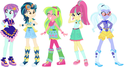 Size: 1086x591 | Tagged: safe, artist:ra1nb0wk1tty, character:indigo zap, character:lemon zest, character:sour sweet, character:sugarcoat, character:sunny flare, equestria girls:legend of everfree, g4, my little pony: equestria girls, my little pony:equestria girls, boots, bracelet, camp fashion show outfit, clothing, cowboy boots, cute, eyes closed, freckles, glasses, goggles, hand behind back, hand on hip, headband, high heels, jewelry, leg warmers, shadow five, shoes, shorts, sneakers, socks, wings