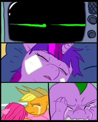 Size: 827x1025 | Tagged: safe, artist:metal-kitty, character:applejack, character:pinkie pie, character:spike, character:twilight sparkle, comic:mlp project, bandage, comic, crying, death, electrocardiogram, flatline, grimdark series, hospital, sad