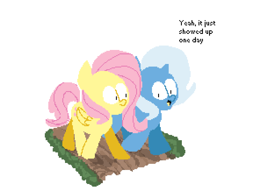 Size: 864x654 | Tagged: safe, artist:fauxsquared, character:fluttershy, character:trixie, species:pegasus, species:pony, species:unicorn, animated, dialogue, female, gif, pixel art, simple background, transparent background, trixie is magic, walking