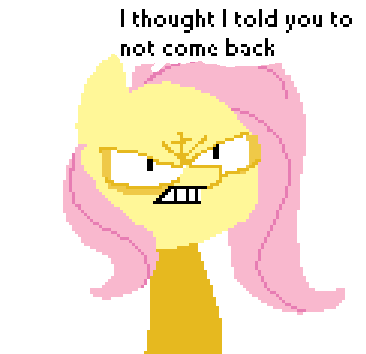 Size: 366x354 | Tagged: safe, artist:fauxsquared, character:fluttershy, species:pegasus, species:pony, animated, badass, chainsaw, dialogue, evil dead, female, flutterbadass, gif, gun, pixel art, shotgun, simple background, transparent background, trixie is magic, weapon