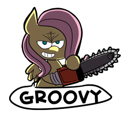 Size: 1200x1059 | Tagged: safe, artist:fauxsquared, character:fluttershy, species:pegasus, species:pony, army of darkness, badass, chainsaw, evil dead, female, flutterbadass, grin, smiling, solo, trixie is magic