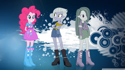 Size: 1600x900 | Tagged: safe, artist:revelan13, artist:sketchmcreations, artist:xebck, edit, character:limestone pie, character:marble pie, character:pinkie pie, my little pony:equestria girls, balloon, boots, clothing, crossed arms, cute, denim skirt, hands behind back, high heel boots, jacket, lime, shorts, skirt, spikes, wallpaper, wallpaper edit, watermark