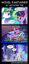 Size: 2792x6232 | Tagged: safe, artist:drawponies, artist:ecartoonman, character:princess celestia, character:spike, character:twilight sparkle, character:twilight sparkle (alicorn), species:alicorn, species:dragon, species:pony, episode:celestial advice, g4, my little pony: friendship is magic, absurd resolution, bibliophile, book, cargo ship, comic, dialogue, eyes closed, female, heart, kissing, meme origin, open mouth, shipping, speech bubble, that pony sure does love books, there is no wrong way to fantasize, twibook, wide eyes