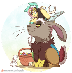 Size: 900x910 | Tagged: safe, artist:inuhoshi-to-darkpen, character:angel bunny, character:discord, character:fluttershy, species:pegasus, species:pony, species:rabbit, bunny ears, clothing, costume, cute, dangerous mission outfit, discute, easter, easter egg, feathered fetlocks, female, goggles, hoodie, mare, patreon, patreon logo, shyabetes, sitting on head, smiling, trio