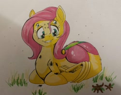 Size: 1254x988 | Tagged: safe, artist:sugaryviolet, character:fluttershy, collaboration, commission, drider, female, looking at something, looking down, monster pony, multiple eyes, original species, prone, smiling, solo, species swap, spider, spiderpony, spidershy, traditional art