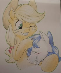 Size: 1069x1281 | Tagged: safe, artist:sugaryviolet, character:applejack, oc, species:pony, collaboration, commission, eyes closed, noogie, one eye closed, smiling, traditional art