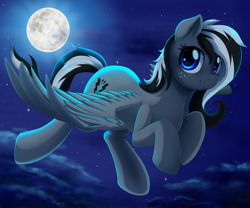 Size: 2800x2333 | Tagged: safe, artist:evomanaphy, oc, oc only, oc:shady hearts, species:pegasus, species:pony, cloud, commission, female, flying, full moon, looking at you, mare, moon, night, sky, smiling, solo, spread wings, stars, wings