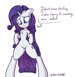 Size: 1122x1148 | Tagged: safe, artist:dsp2003, artist:lovepaddles, character:rarity, species:pony, species:unicorn, belly button, bipedal, blushing, chest fluff, collaboration, colored, dialogue, dressup game, embarrassed, featureless crotch, female, semi-anthro, simple background, solo, we don't normally wear clothes, white background