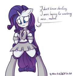 Size: 1122x1148 | Tagged: safe, artist:dsp2003, artist:lalieri, artist:lovepaddles, character:rarity, species:pony, species:unicorn, belly button, bipedal, blushing, clothing, collaboration, colored, dialogue, dress, dressup game, female, idol, midriff, miniskirt, semi-anthro, simple background, skirt, solo, white background