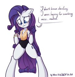 Size: 1122x1148 | Tagged: safe, artist:dsp2003, artist:lalieri, artist:lovepaddles, character:rarity, species:pony, species:unicorn, 80's fashion, bipedal, blushing, clothing, collaboration, colored, dialogue, dressup game, female, leotard, semi-anthro, simple background, solo, white background