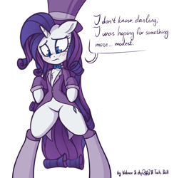Size: 1122x1148 | Tagged: safe, artist:dsp2003, artist:lalieri, artist:lovepaddles, character:rarity, species:pony, species:unicorn, belly button, bipedal, blushing, collaboration, colored, dialogue, dressup game, female, magician outfit, semi-anthro, simple background, solo, white background