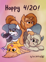 Size: 600x800 | Tagged: safe, artist:dsp2003, artist:lalieri, oc, oc only, oc:hattsy, oc:meadow stargazer, oc:sign, oc:stone, species:earth pony, species:pony, species:unicorn, 420, butterfly, clothing, female, hat, high, open mouth, stoned, top hat