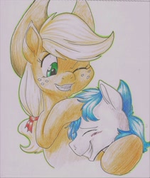 Size: 2405x2856 | Tagged: safe, artist:sugaryviolet, character:applejack, oc, oc:constance everheart, species:pony, blushing, canon x oc, collaboration, cute, everjack, female, male, noogie, shipping, straight, traditional art