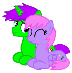 Size: 938x942 | Tagged: safe, artist:toyminator900, oc, oc only, oc:clever clop, oc:melody notes, species:pegasus, species:pony, species:unicorn, cuddling, female, male, shipping, straight