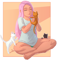 Size: 849x900 | Tagged: safe, artist:eve-ashgrove, artist:vest, character:fluttershy, species:human, barefoot, breasts, clothing, collaboration, cute, eyes closed, feet, female, green underwear, humanized, kitten, panties, shirt, shyabetes, sitting, solo, underwear