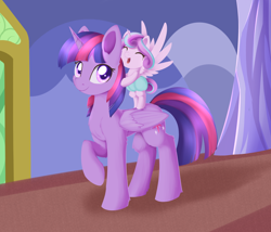 Size: 1674x1430 | Tagged: safe, artist:dusthiel, character:princess flurry heart, character:twilight sparkle, character:twilight sparkle (alicorn), species:alicorn, species:pony, episode:a flurry of emotions, g4, my little pony: friendship is magic, best aunt ever, colored pupils, eyes closed, female, ponies riding ponies, smiling, twilight's castle, walking