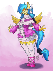 Size: 675x901 | Tagged: safe, artist:zwitterkitsune, oc, oc only, oc:silvia, species:anthro, species:pegasus, species:pony, species:unguligrade anthro, anthro oc, clothing, dress, female, gift art, mare, miss kobayashi's dragon maid, smiling, solo, spread wings, wings