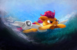Size: 2000x1300 | Tagged: safe, artist:xbi, character:scootaloo, species:pegasus, species:pony, female, flying, frog (hoof), jet engine, jetpack, ocean, scenery, scootaloo can fly, solo, underhoof