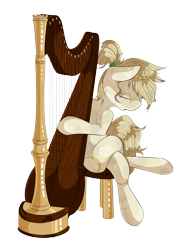 Size: 2179x2888 | Tagged: safe, artist:beardie, oc, oc only, species:crystal pony, species:pony, crossed legs, eyes closed, harp, musical instrument, simple background, sitting, solo, stool, transparent background