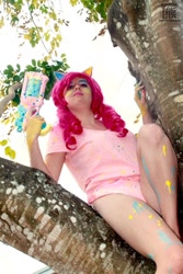 Size: 427x640 | Tagged: safe, artist:krazykari, character:pinkie pie, species:human, clothing, cosplay, costume, irl, irl human, nerf, nerf gun, paintball, photo, solo, tree