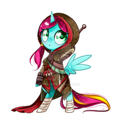 Size: 800x833 | Tagged: safe, artist:ipun, oc, oc only, oc:aurora, species:alicorn, species:pony, alicorn oc, assassin's creed, bipedal, blushing, clothing, cosplay, costume, female, heart eyes, mare, shao jun, simple background, solo, transparent background, wingding eyes
