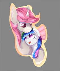 Size: 1700x2000 | Tagged: safe, artist:chapaevv, oc, oc only, oc:intrepid charm, species:pony, bust, cuddling, curved horn, looking at each other, simple background, smiling