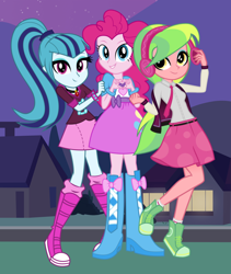 Size: 2760x3272 | Tagged: safe, artist:bubblestormx, artist:darthlena, artist:invisibleone11, artist:themexicanpunisher, character:lemon zest, character:pinkie pie, character:sonata dusk, my little pony:equestria girls, balloon, boots, bracelet, clothing, cute, headphones, heart hands, high heel boots, jewelry, necktie, pendant, ponytail, raised leg, shoes, skirt, smiling, socks, spikes