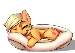 Size: 2550x1800 | Tagged: safe, artist:captainpudgemuffin, character:applejack, species:pony, alternate hairstyle, applecat, behaving like a cat, collar, commission, cute, female, implied lesbian, implied rarijack, implied shipping, jackabetes, looking at you, pet bed, pixie cut, solo